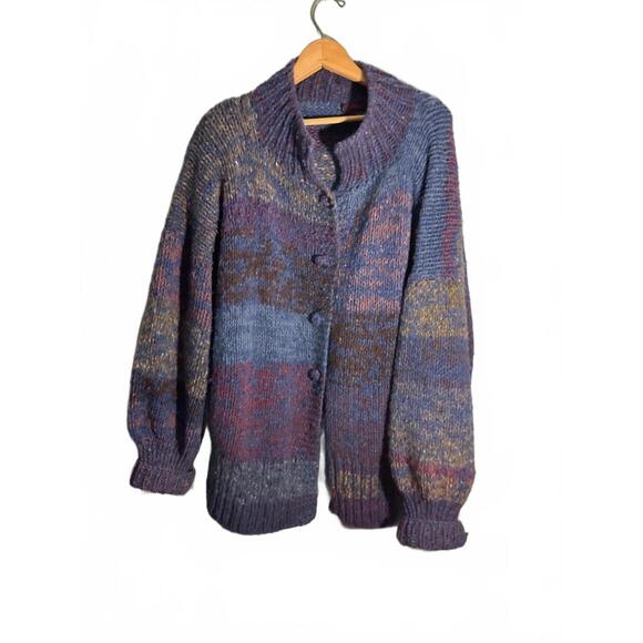 70's Cozy Hand-Knit Super Chunky Oversized Wool Multi-Colored Sweater Coat OS - Picture 2 of 11